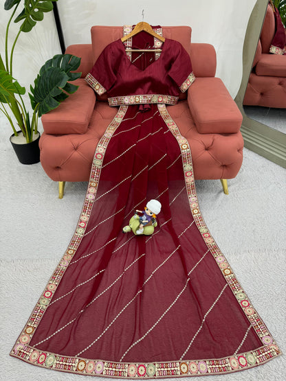 Glorious Maroon Color Faux Georgette And Coding With Sequence Work Beautiful Saree