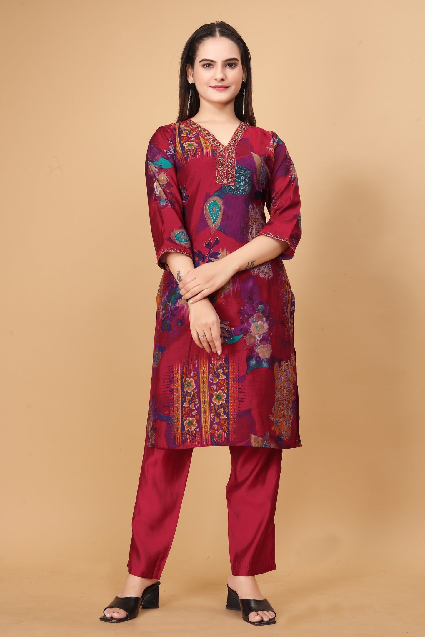 Casual Wear Rose Pink Color Modal Viscose Silk With Handwork And Hemline Work Co-ord Set