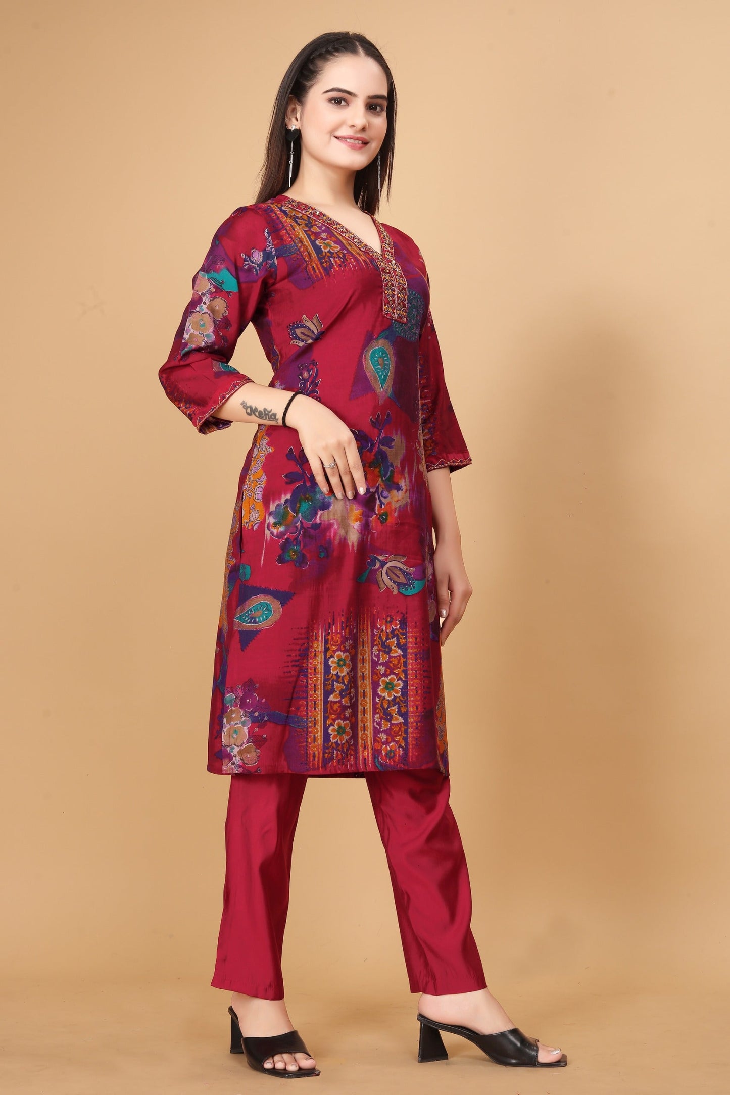 Casual Wear Rose Pink Color Modal Viscose Silk With Handwork And Hemline Work Co-ord Set