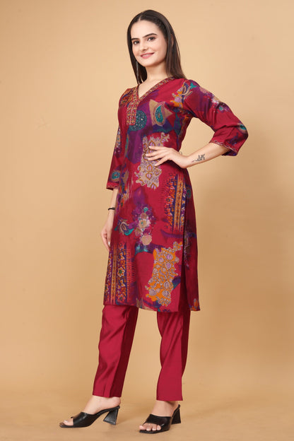Casual Wear Rose Pink Color Modal Viscose Silk With Handwork And Hemline Work Co-ord Set