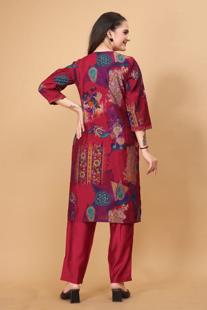 Casual Wear Rose Pink Color Modal Viscose Silk With Handwork And Hemline Work Co-ord Set