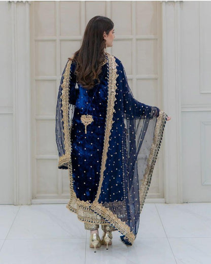 Party Wear Blue Color Velvet With Embroidery Sequence Designer Salwar Suit