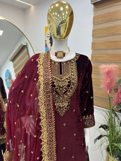 Party Wear Maroon Color Velvet With Embroidery Sequence Designer Salwar Suit