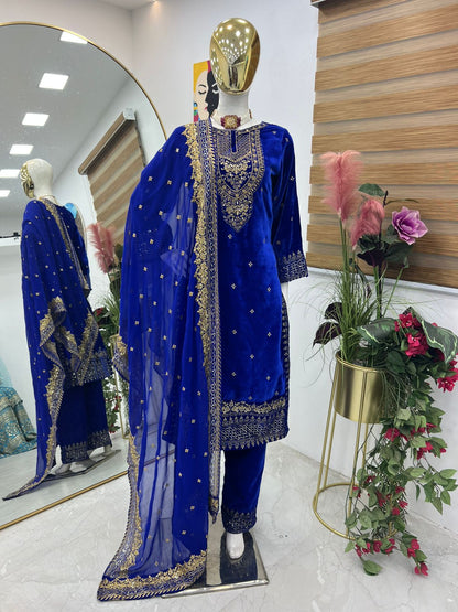 Party Wear Blue Color Velvet With Embroidery Sequence Designer Salwar Suit