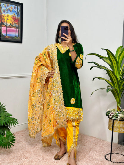 Stunning Green And Yellow Color 9000 Velvet Fabric With Embroidered Work Patiyala Suit