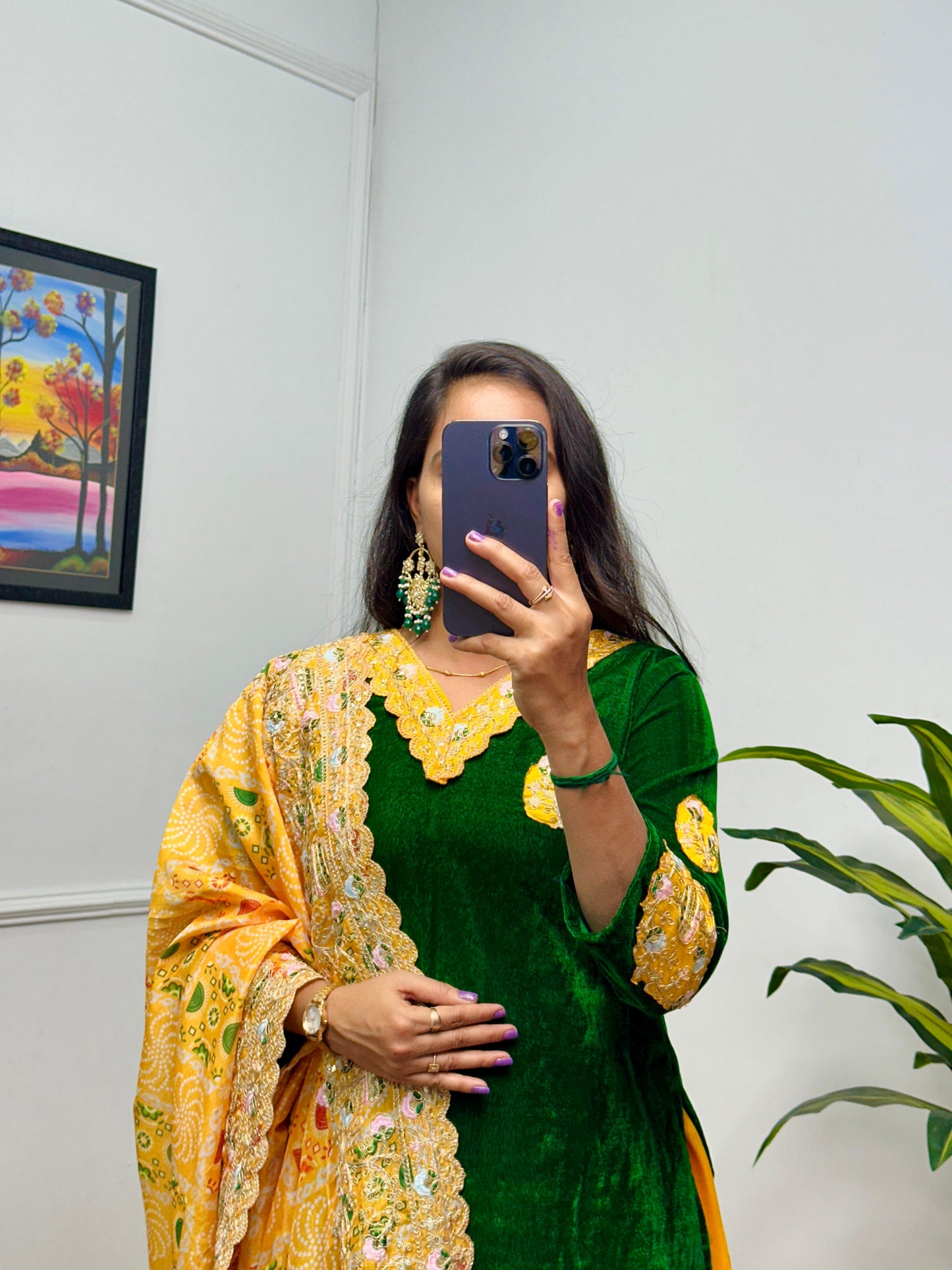 Stunning Green And Yellow Color 9000 Velvet Fabric With Embroidered Work Patiyala Suit