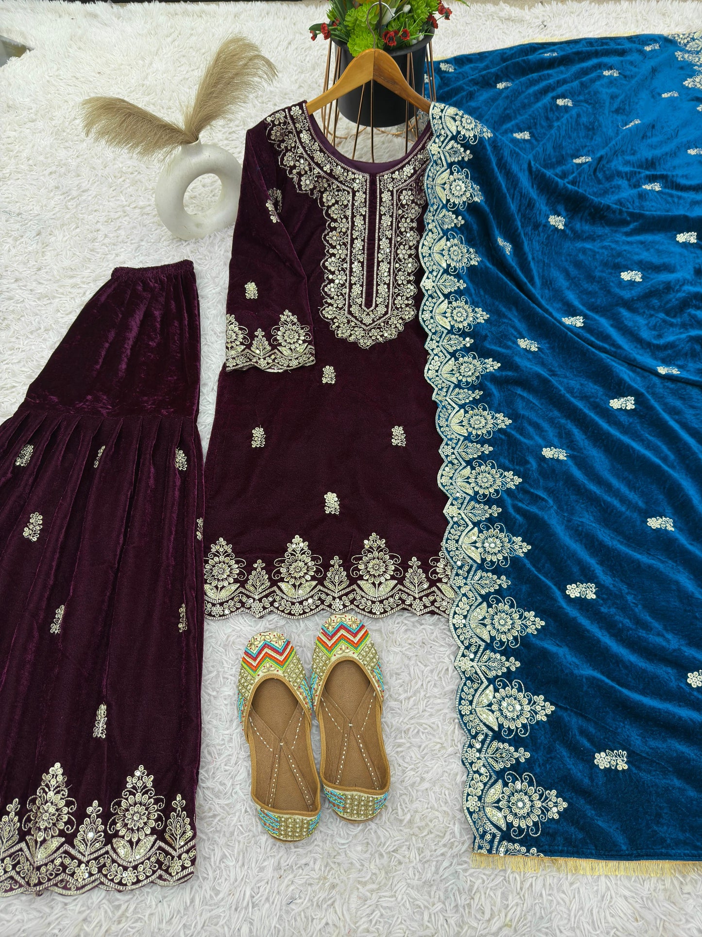 Glorious Wine Color Heavy Viscose Velvet With Heavy Embroidery Sequence Work Sharara Suit