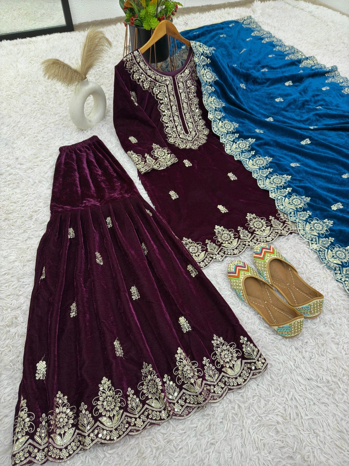 Glorious Wine Color Heavy Viscose Velvet With Heavy Embroidery Sequence Work Sharara Suit