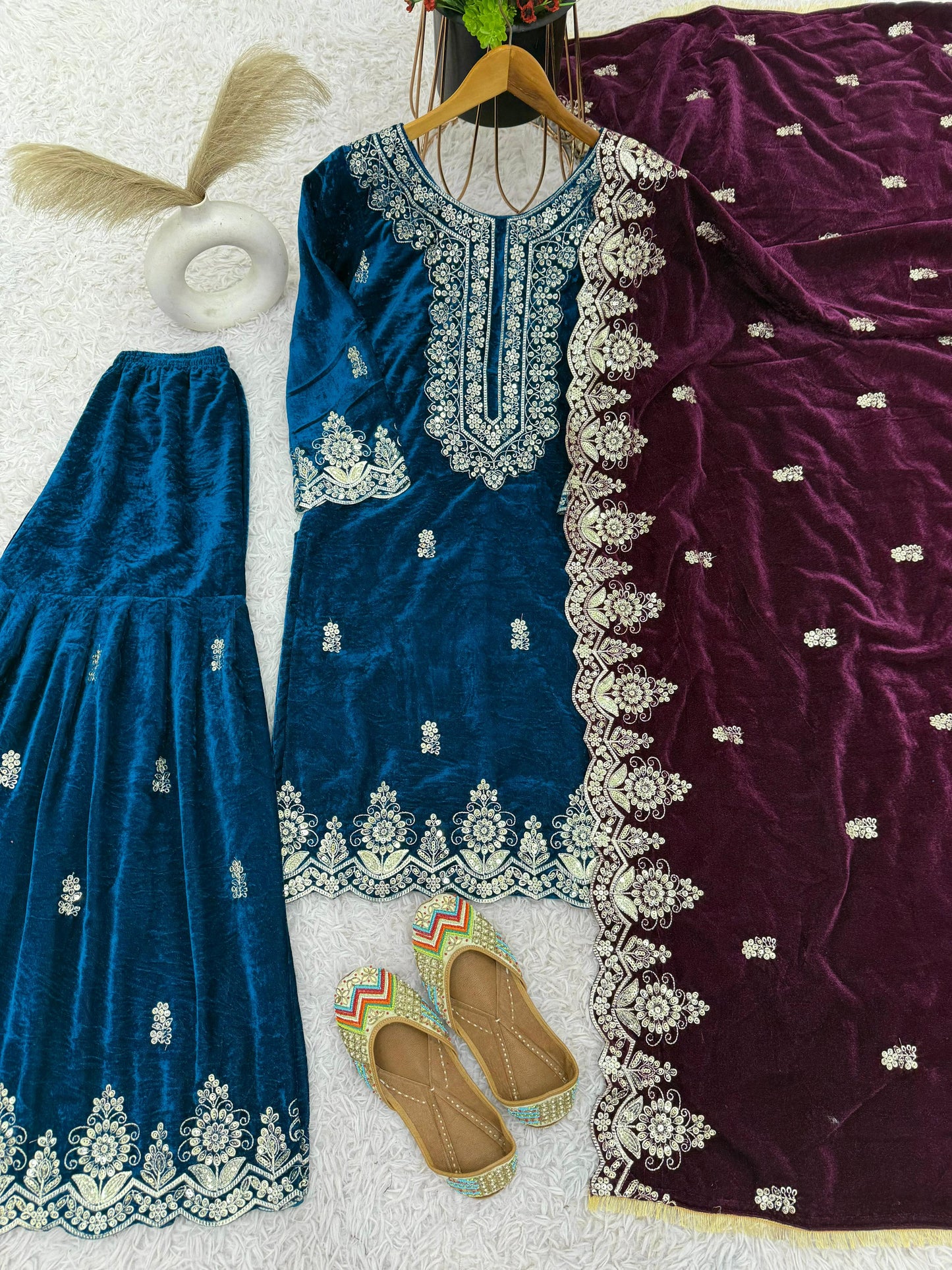 Glorious Navy Blue Color Heavy Viscose Velvet With Heavy Embroidery Sequence Work Sharara Suit