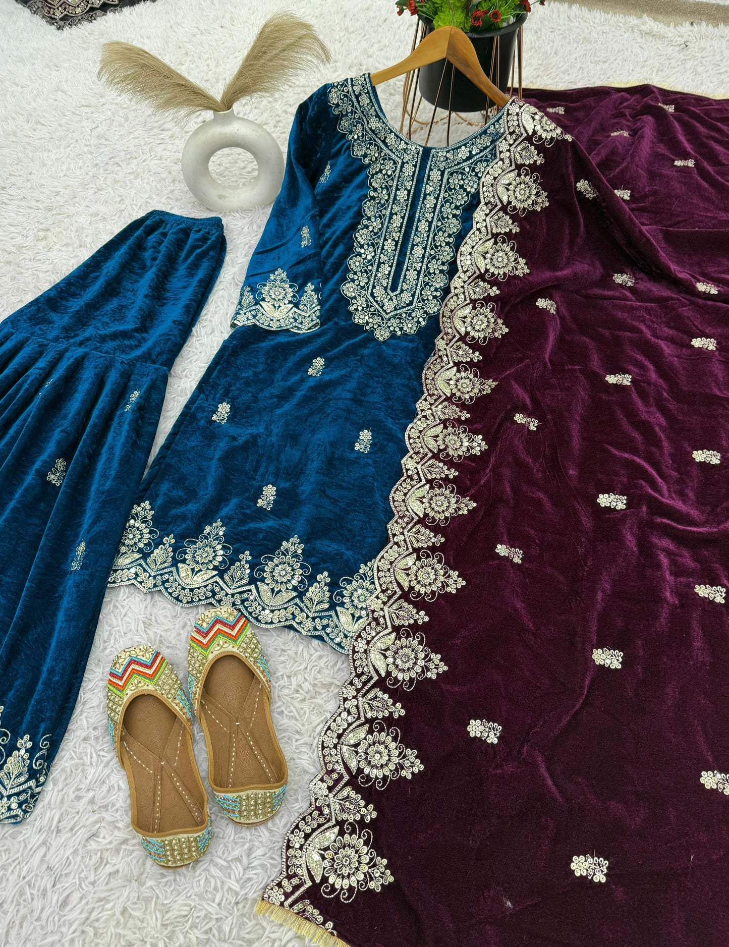 Glorious Navy Blue Color Heavy Viscose Velvet With Heavy Embroidery Sequence Work Sharara Suit