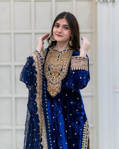 Wedding Wear Navy Blue Color Pure Heavy Viscose Velvet With Heavy Embroidery Sequence Work Neck Moti Work Salwar Suit