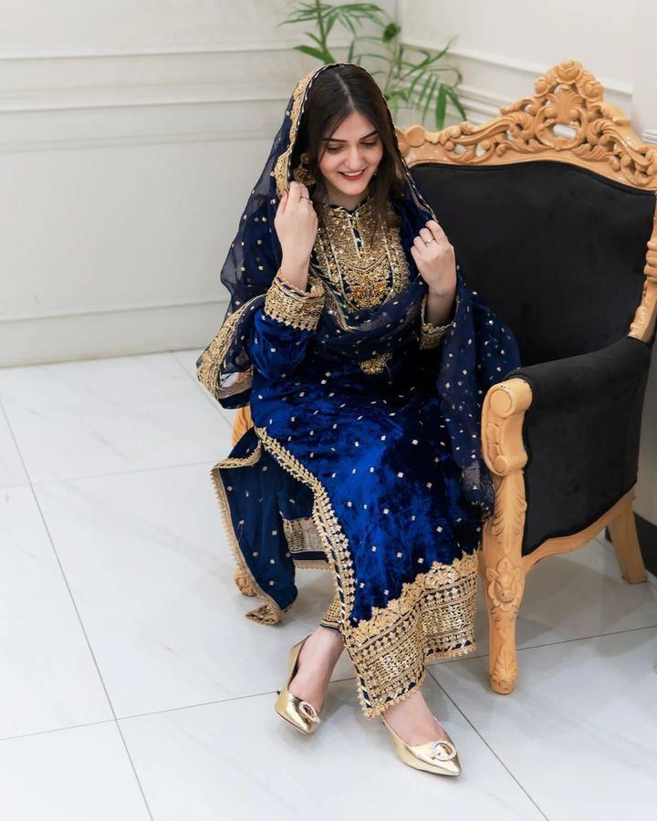Wedding Wear Navy Blue Color Pure Heavy Viscose Velvet With Heavy Embroidery Sequence Work Neck Moti Work Salwar Suit