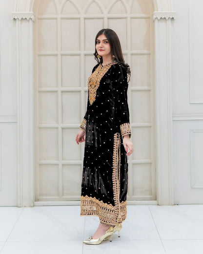 Wedding Wear Black Color Pure Heavy Viscose Velvet With Heavy Embroidery Sequence Work Neck Moti Work Salwar Suit
