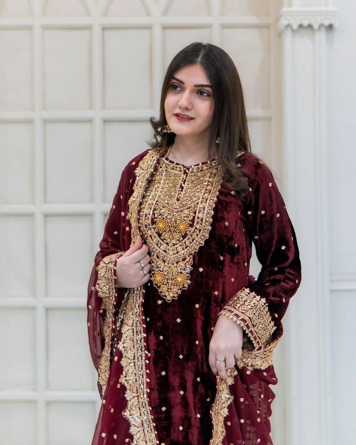 Wedding Wear Maroon Color Pure Heavy Viscose Velvet With Heavy Embroidery Sequence Work Neck Moti Work Salwar Suit