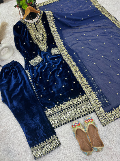 Wedding Wear Navy Blue Color Pure Heavy Viscose Velvet With Heavy Embroidery Sequence Work Neck Moti Work Salwar Suit