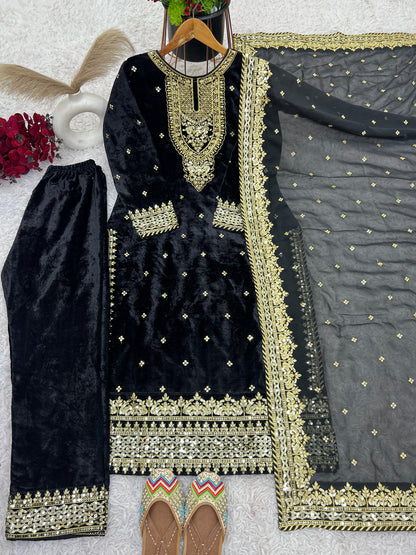 Wedding Wear Black Color Pure Heavy Viscose Velvet With Heavy Embroidery Sequence Work Neck Moti Work Salwar Suit