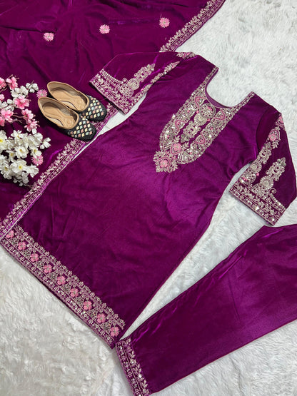 Function Wear Purple Color Pure Heavy Viscous Velvet With Heavy Embroidery Multi Needle Sequence Work Anarkali Suit