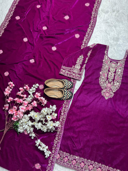 Function Wear Purple Color Pure Heavy Viscous Velvet With Heavy Embroidery Multi Needle Sequence Work Anarkali Suit
