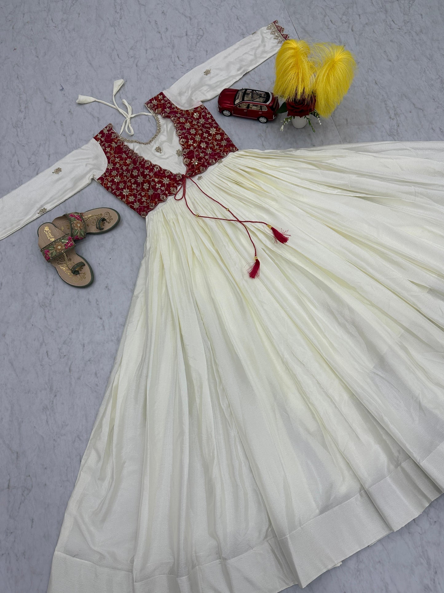 Innovative White Color Chinon With Bandhej And Sequence Work Designer Gown