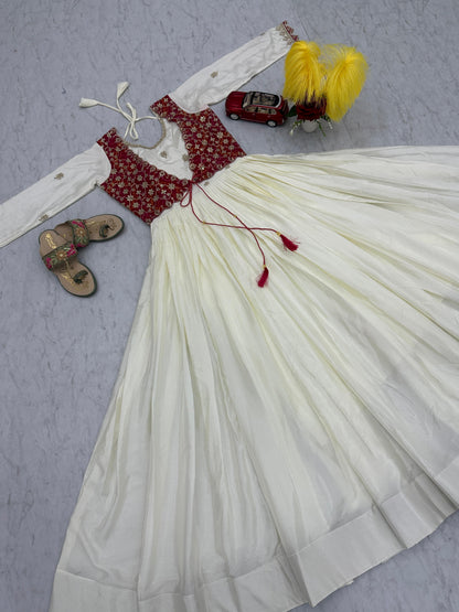 Innovative White Color Chinon With Bandhej And Sequence Work Designer Gown