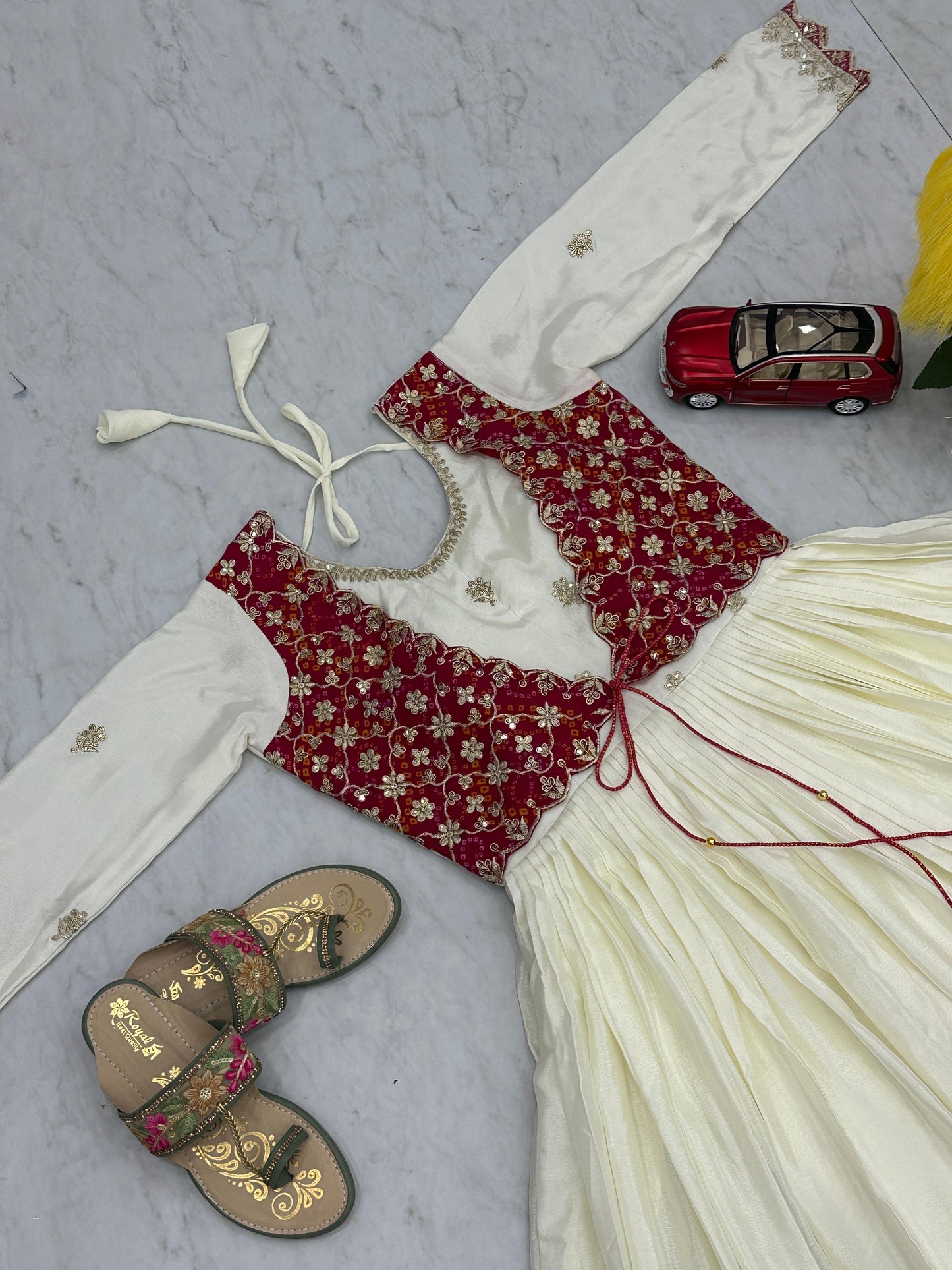 Innovative White Color Chinon With Bandhej And Sequence Work Designer Gown
