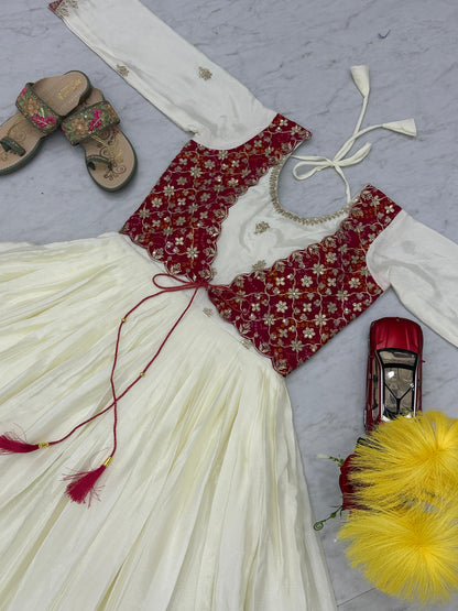 Innovative White Color Chinon With Bandhej And Sequence Work Designer Gown