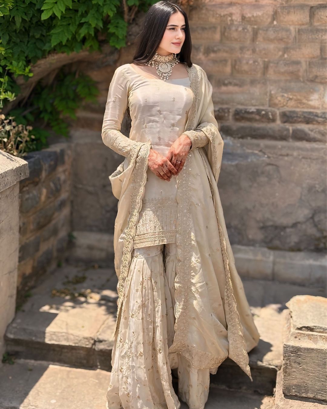 Beautiful Beige Color Heavy Chinon Silk Fabric With Heavy Embroidery 5mm Sequence Work Sharara Suit