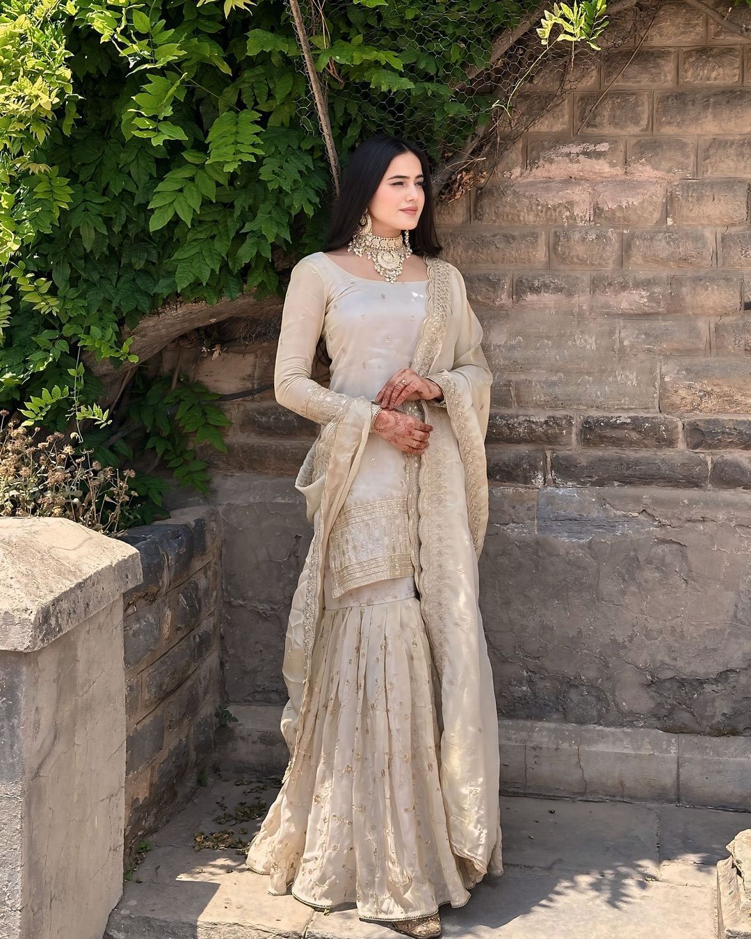 Beautiful Beige Color Heavy Chinon Silk Fabric With Heavy Embroidery 5mm Sequence Work Sharara Suit
