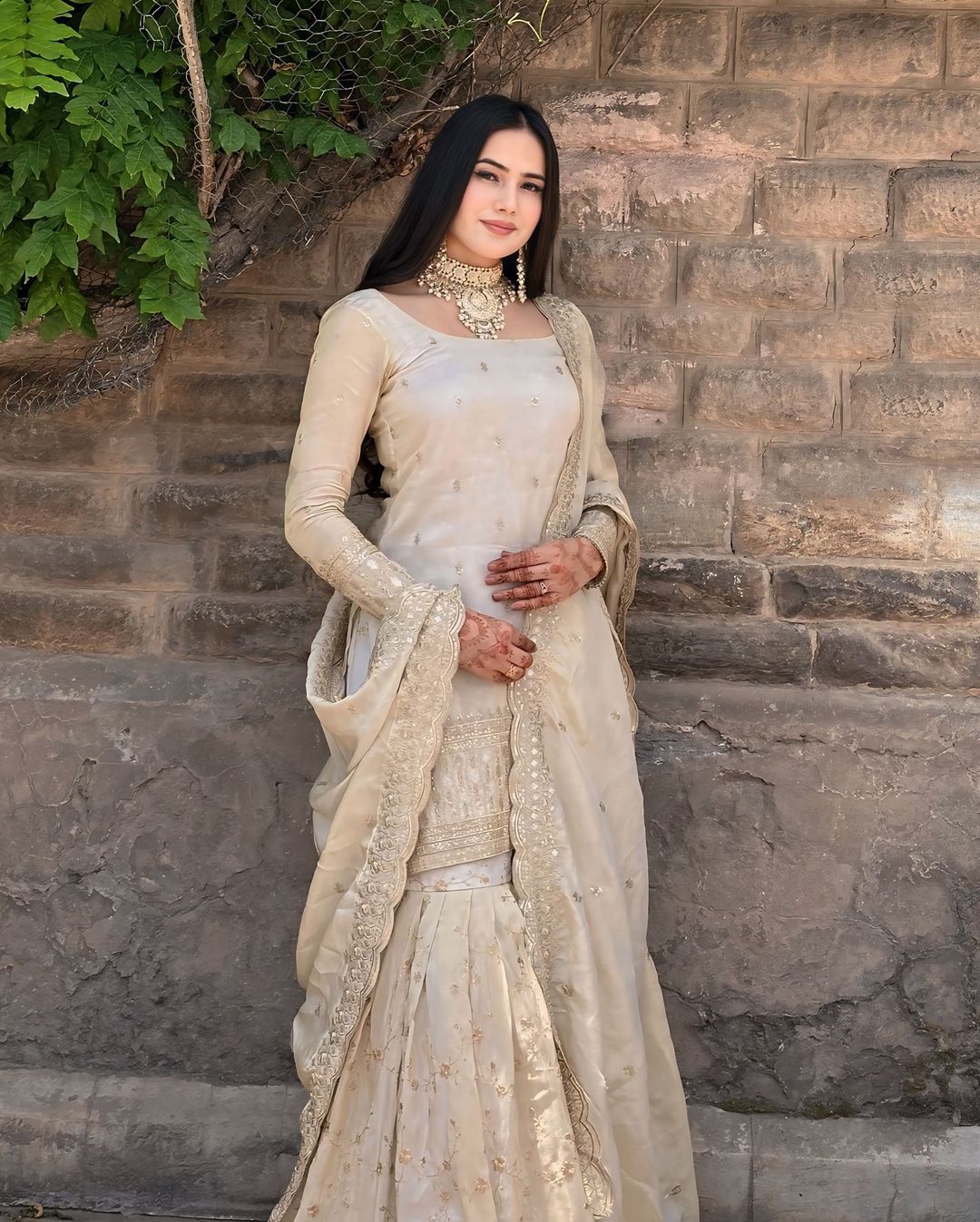 Beautiful Beige Color Heavy Chinon Silk Fabric With Heavy Embroidery 5mm Sequence Work Sharara Suit