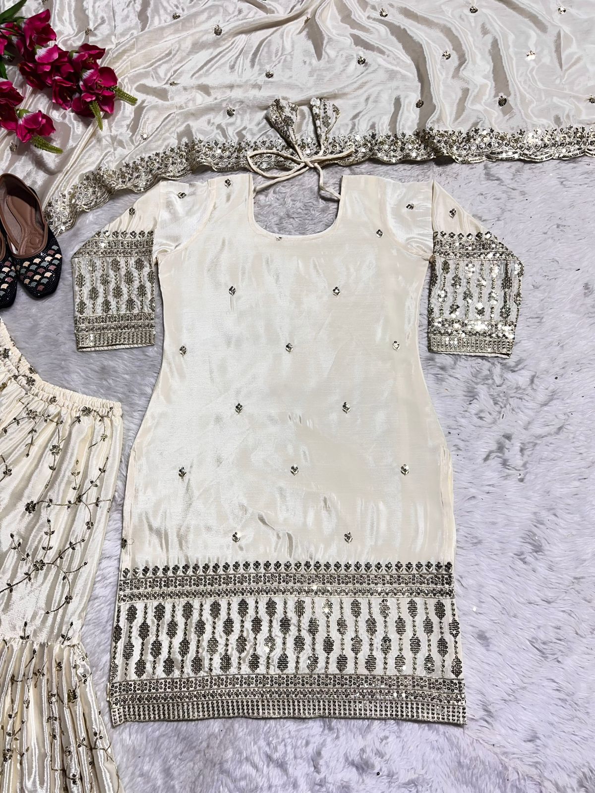 Beautiful Beige Color Heavy Chinon Silk Fabric With Heavy Embroidery 5mm Sequence Work Sharara Suit