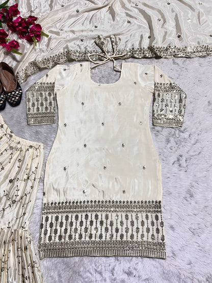 Beautiful Beige Color Heavy Chinon Silk Fabric With Heavy Embroidery 5mm Sequence Work Sharara Suit