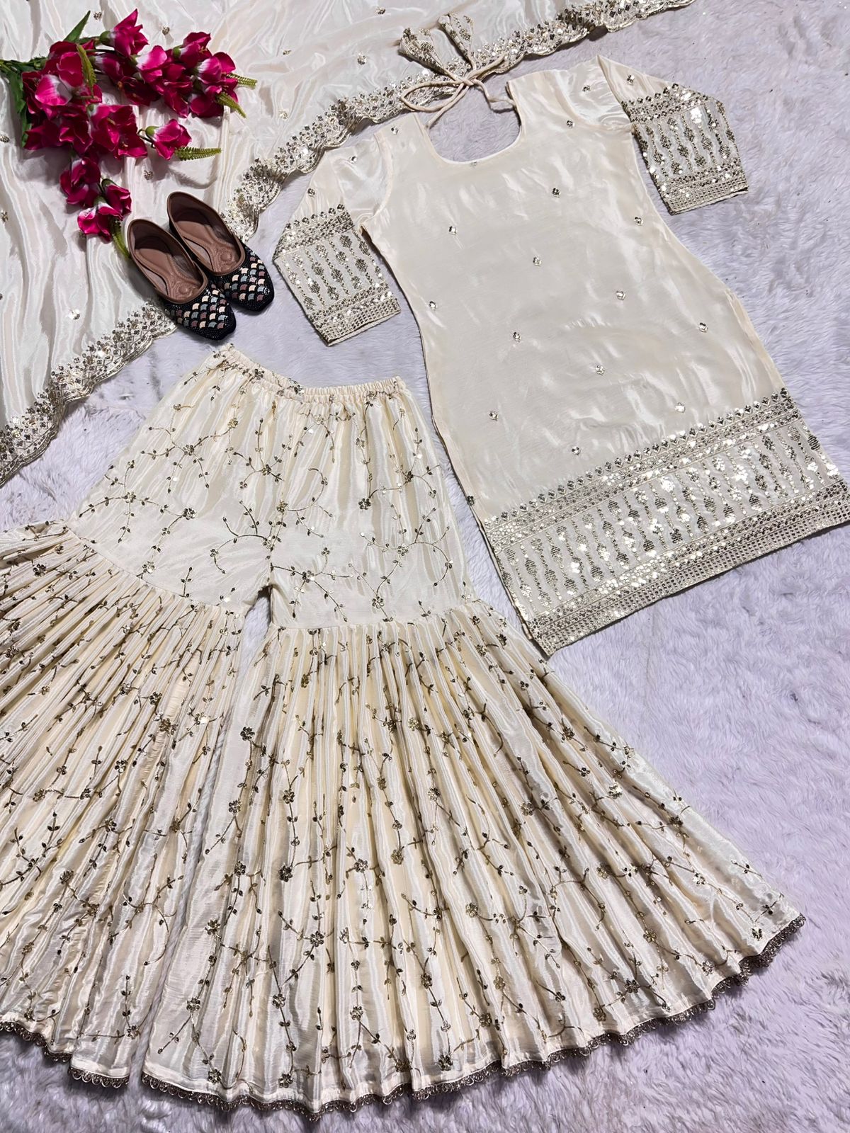 Beautiful Beige Color Heavy Chinon Silk Fabric With Heavy Embroidery 5mm Sequence Work Sharara Suit