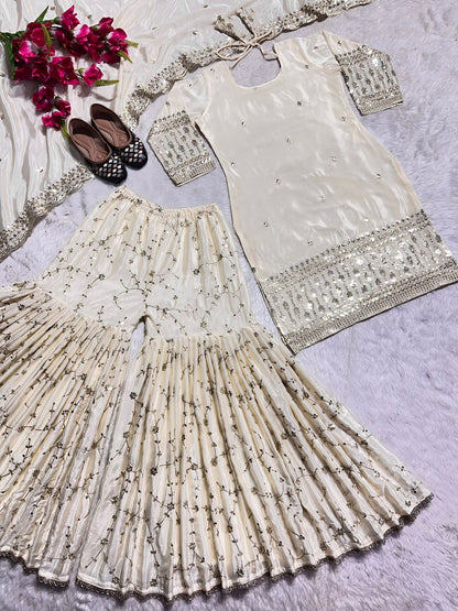 Beautiful Beige Color Heavy Chinon Silk Fabric With Heavy Embroidery 5mm Sequence Work Sharara Suit