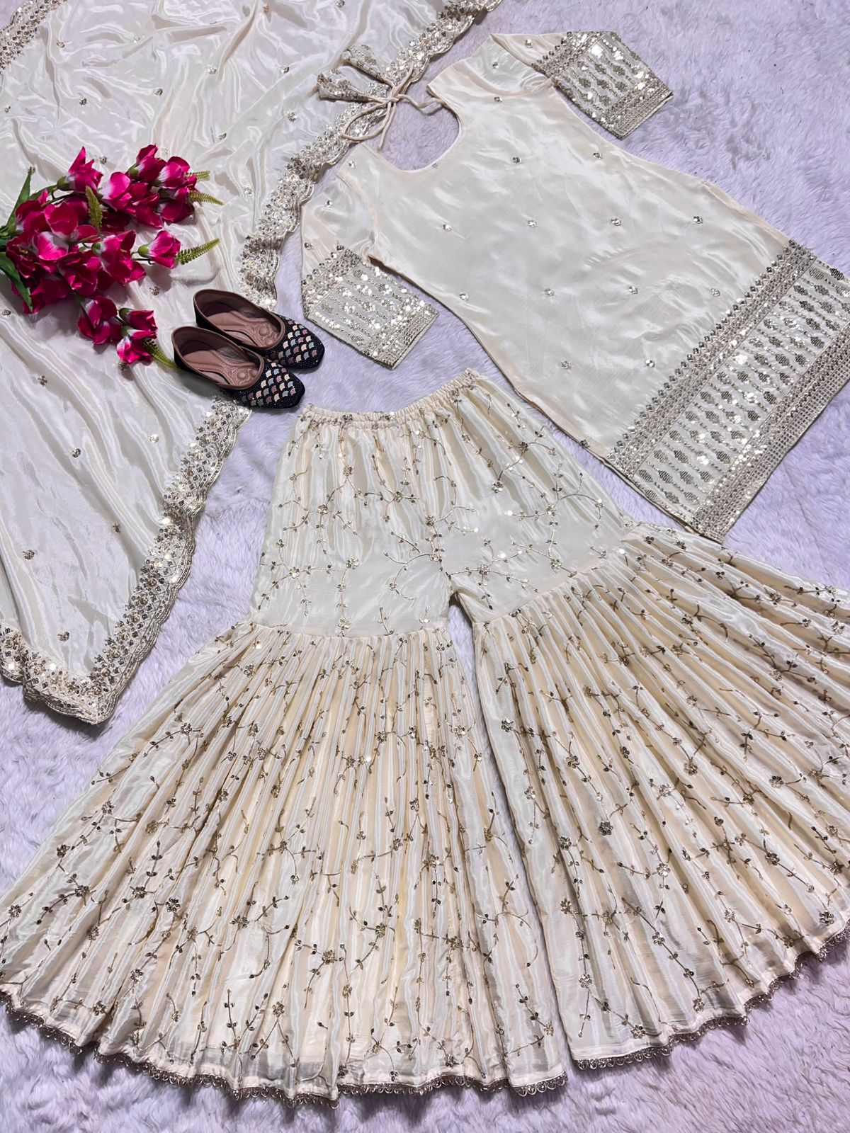 Beautiful Beige Color Heavy Chinon Silk Fabric With Heavy Embroidery 5mm Sequence Work Sharara Suit