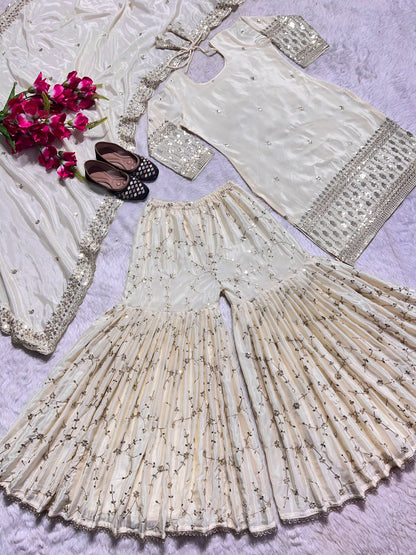 Beautiful Beige Color Heavy Chinon Silk Fabric With Heavy Embroidery 5mm Sequence Work Sharara Suit