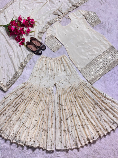 Beautiful Beige Color Heavy Chinon Silk Fabric With Heavy Embroidery 5mm Sequence Work Sharara Suit