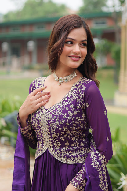 Function Wear Purple Color Faux Blooming With Sequins-Multi Zari Embroidered Work Beautiful Gown
