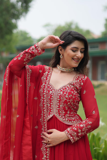 Function Wear Red Color Faux Blooming With Sequins-Multi Zari Embroidered Work Beautiful Gown