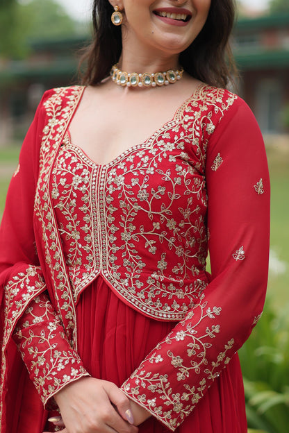 Function Wear Red Color Faux Blooming With Sequins-Multi Zari Embroidered Work Beautiful Gown