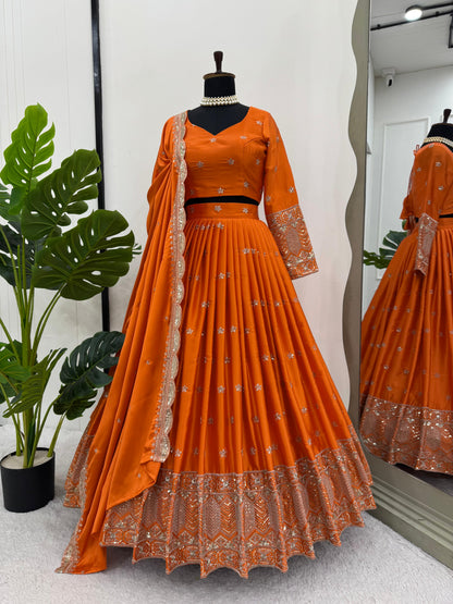 Function Wear Orange Color Satin Silk Thread With Sequence Work Designer Lehenga Choli