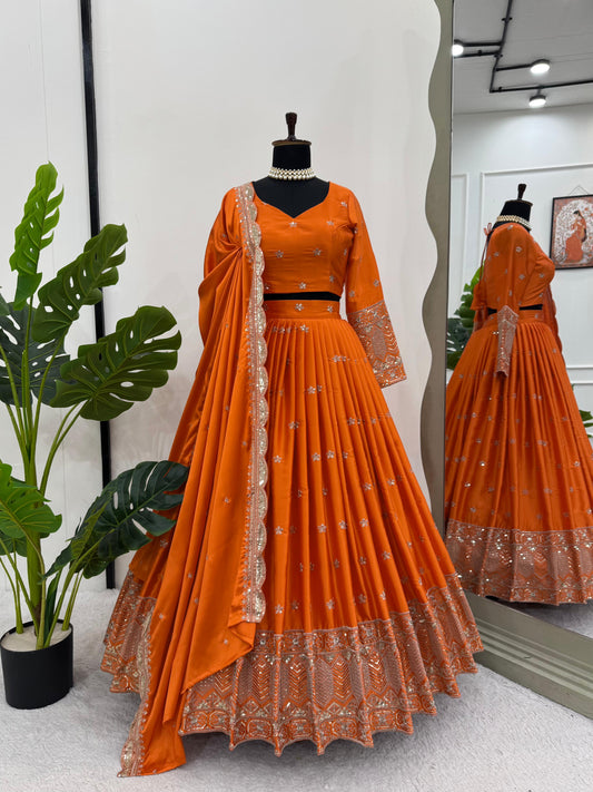 Function Wear Orange Color Satin Silk Thread With Sequence Work Designer Lehenga Choli