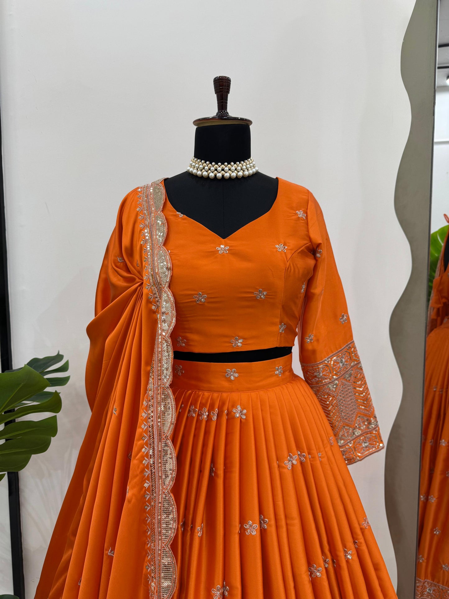 Function Wear Orange Color Satin Silk Thread With Sequence Work Designer Lehenga Choli
