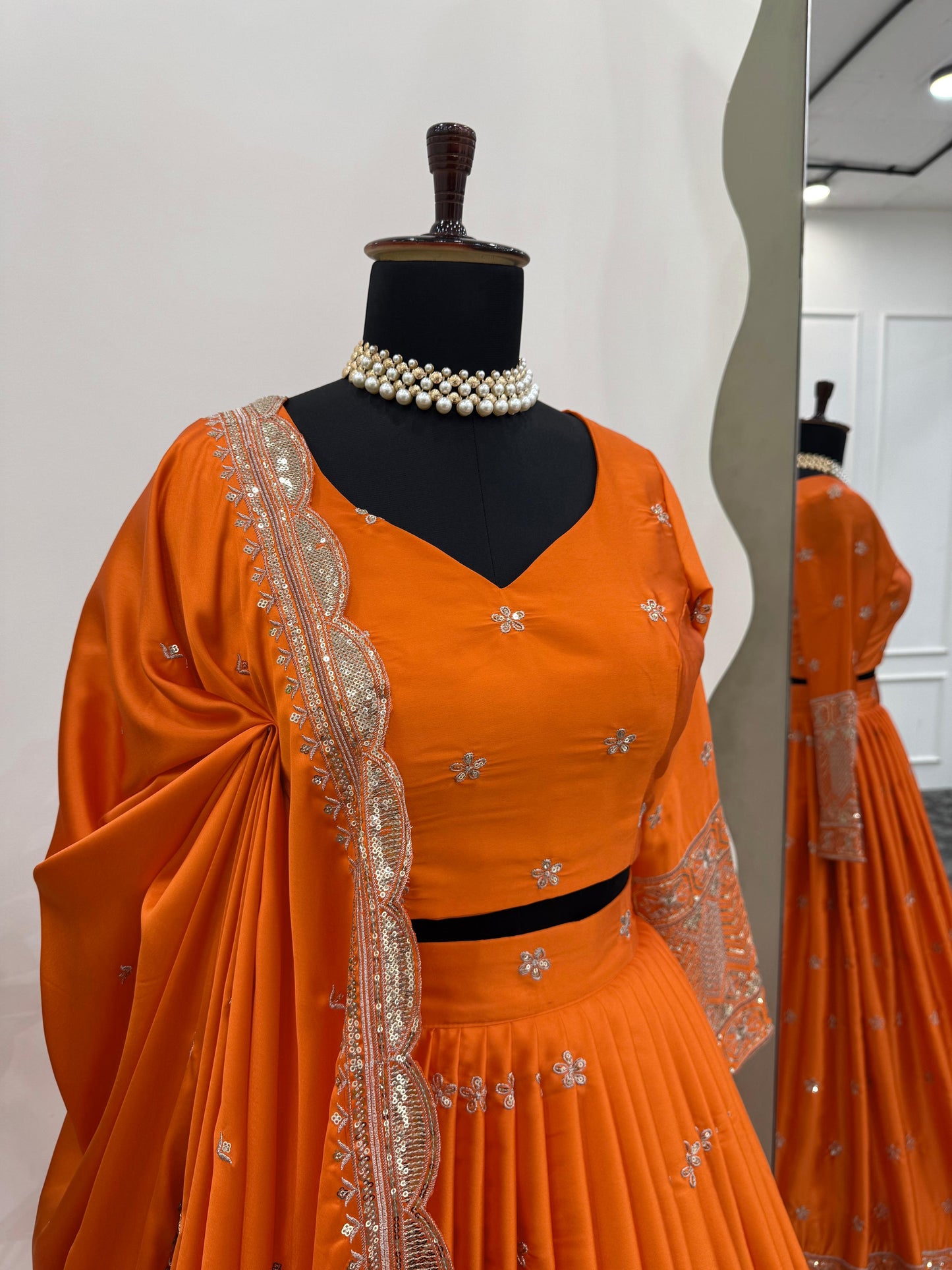 Function Wear Orange Color Satin Silk Thread With Sequence Work Designer Lehenga Choli
