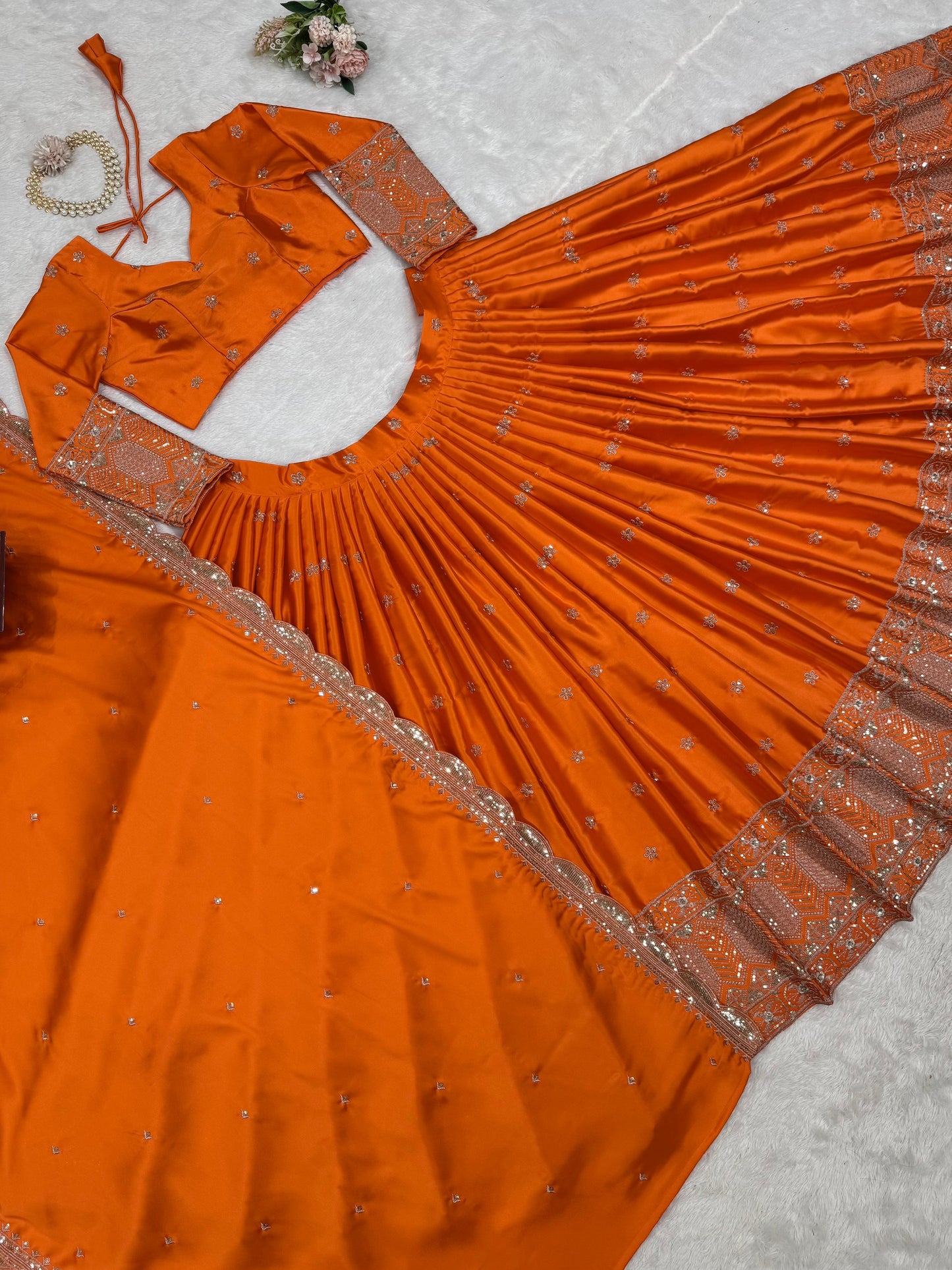 Function Wear Orange Color Satin Silk Thread With Sequence Work Designer Lehenga Choli