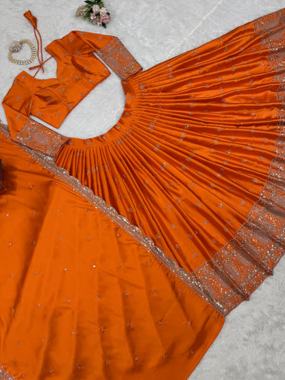 Function Wear Orange Color Satin Silk Thread With Sequence Work Designer Lehenga Choli
