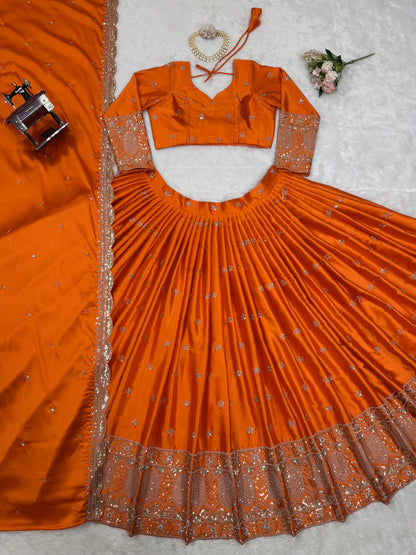 Function Wear Orange Color Satin Silk Thread With Sequence Work Designer Lehenga Choli
