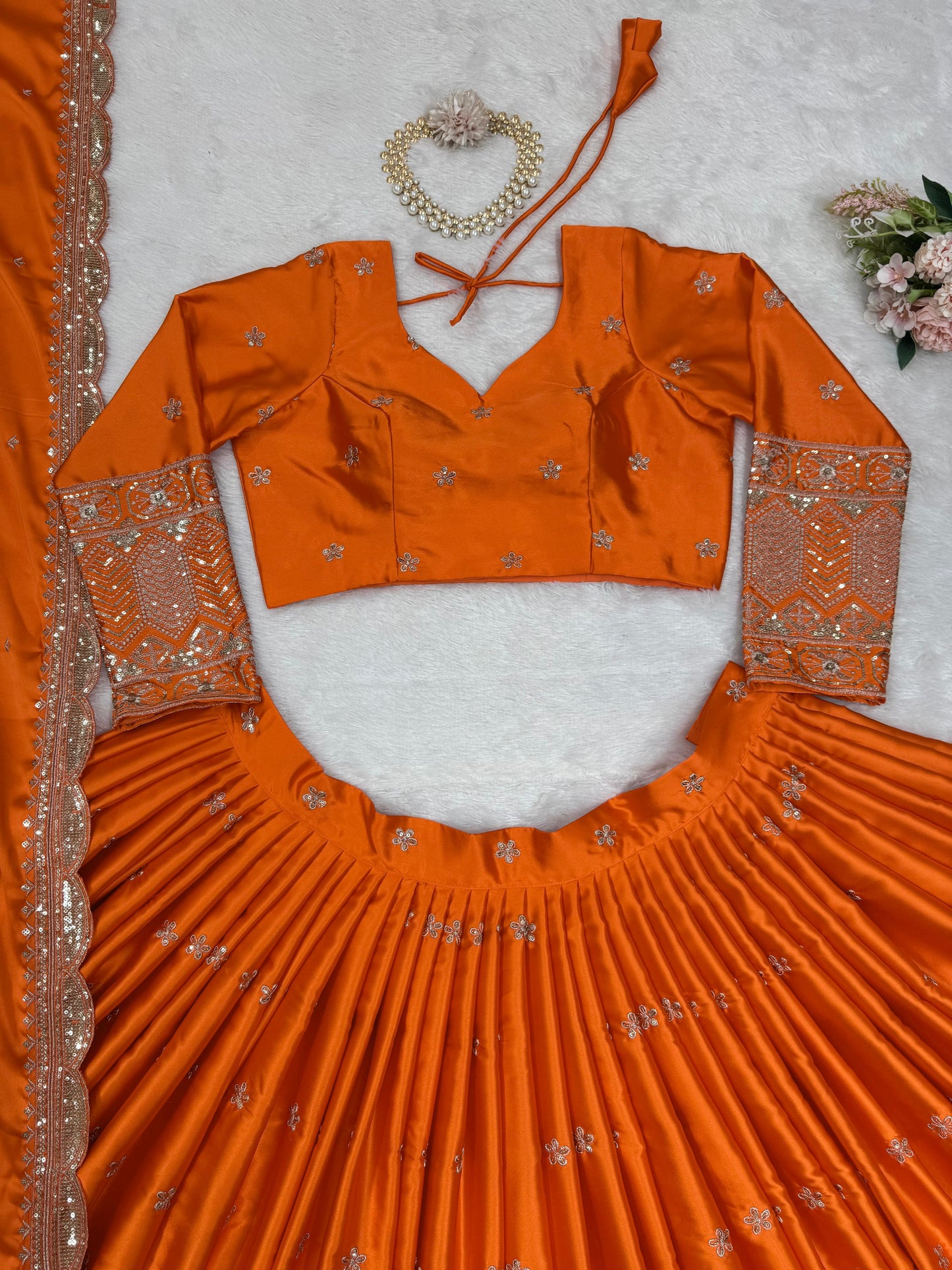 Function Wear Orange Color Satin Silk Thread With Sequence Work Designer Lehenga Choli