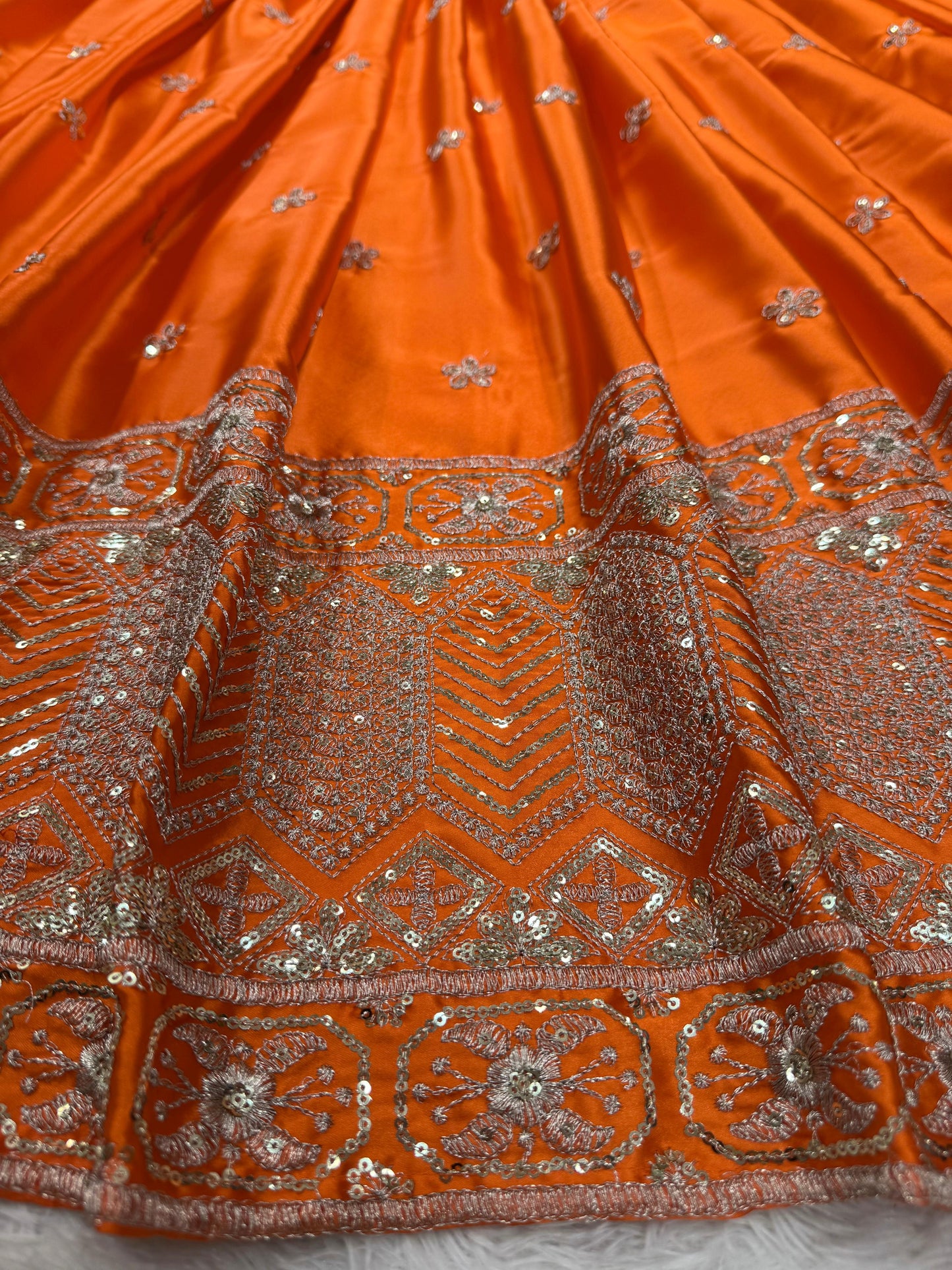 Function Wear Orange Color Satin Silk Thread With Sequence Work Designer Lehenga Choli