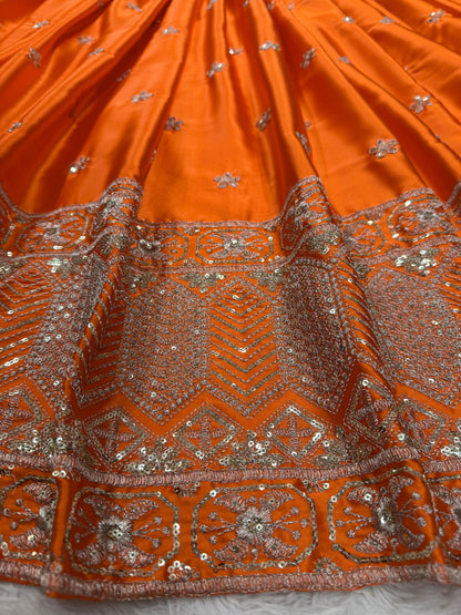 Function Wear Orange Color Satin Silk Thread With Sequence Work Designer Lehenga Choli