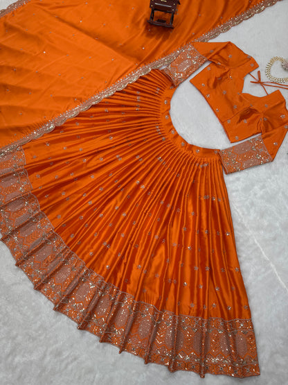 Function Wear Orange Color Satin Silk Thread With Sequence Work Designer Lehenga Choli
